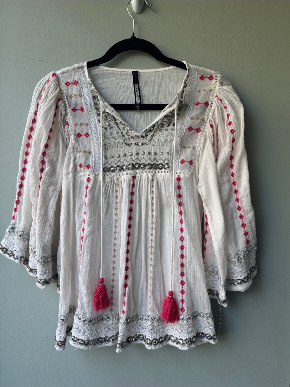 Plenty by Tracy Reese White Peasant Top with Pink Tassels and Silver Trim